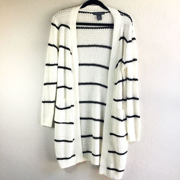 Lagenlook chunky knit open front cardigan with pockets cream with black stripes - Picture 1 of 6